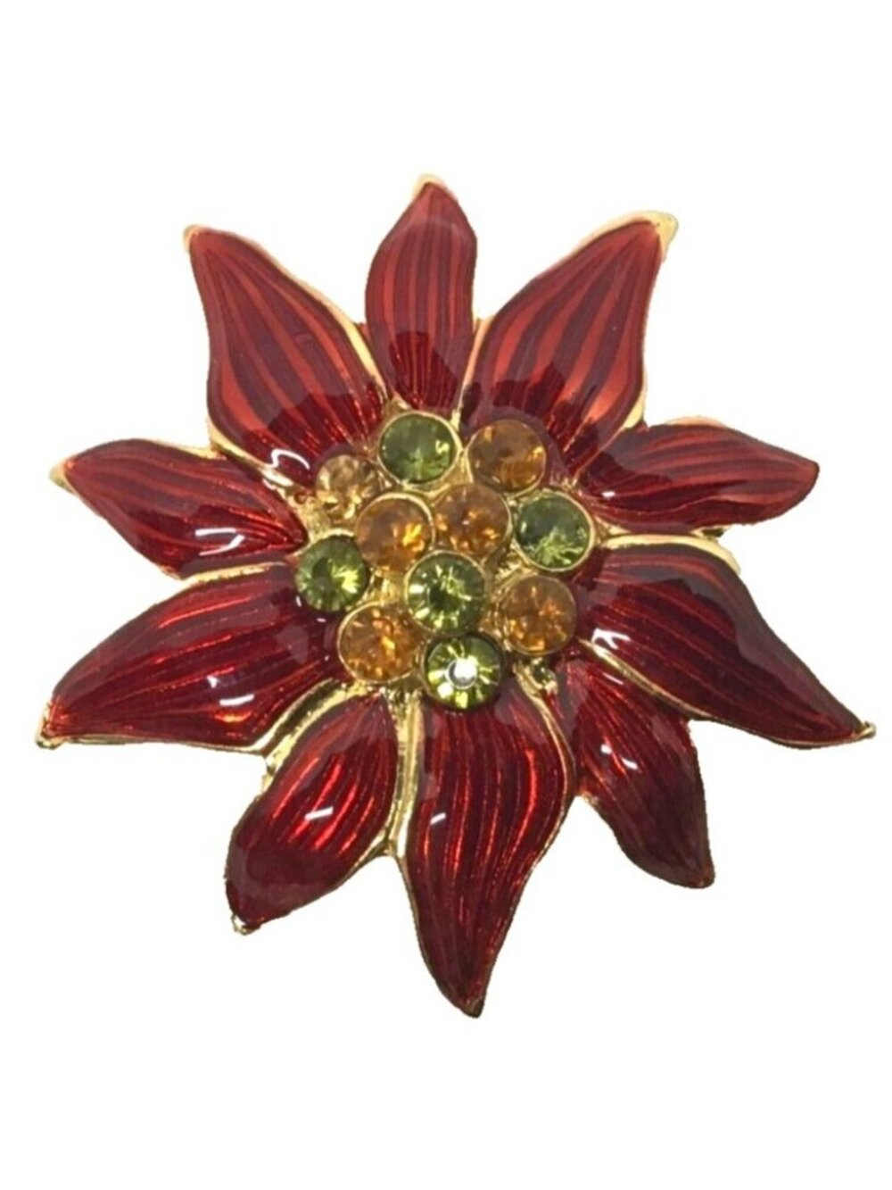 Christopher Radko Vintage Signed Christmas Rhinestone Enamel Poinsettia Brooch